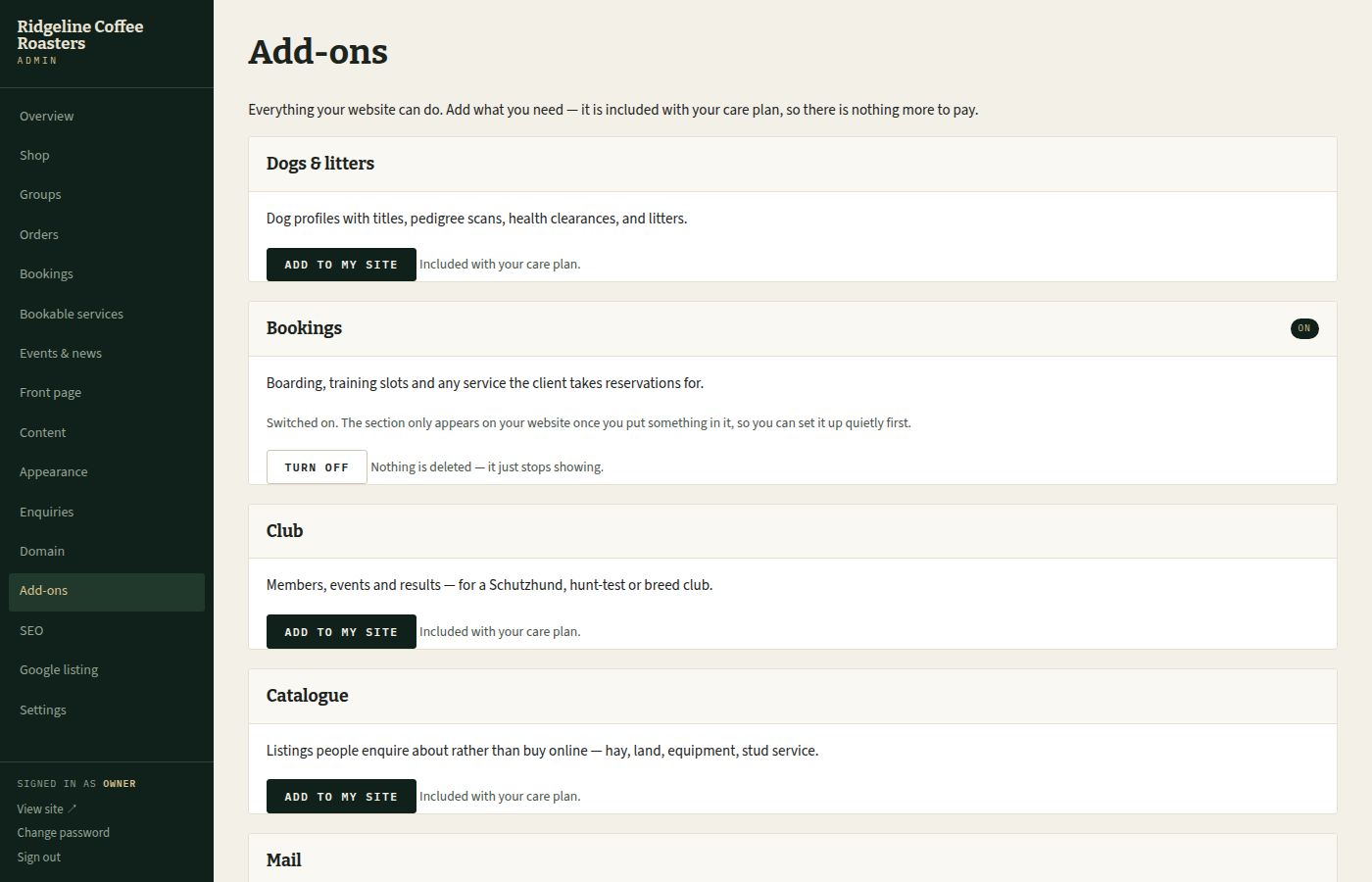 The add-ons screen, listing sections that can be switched on