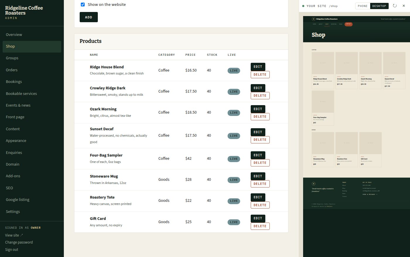 The shop screen of the admin panel listing eight products, with a live preview of the storefront beside it